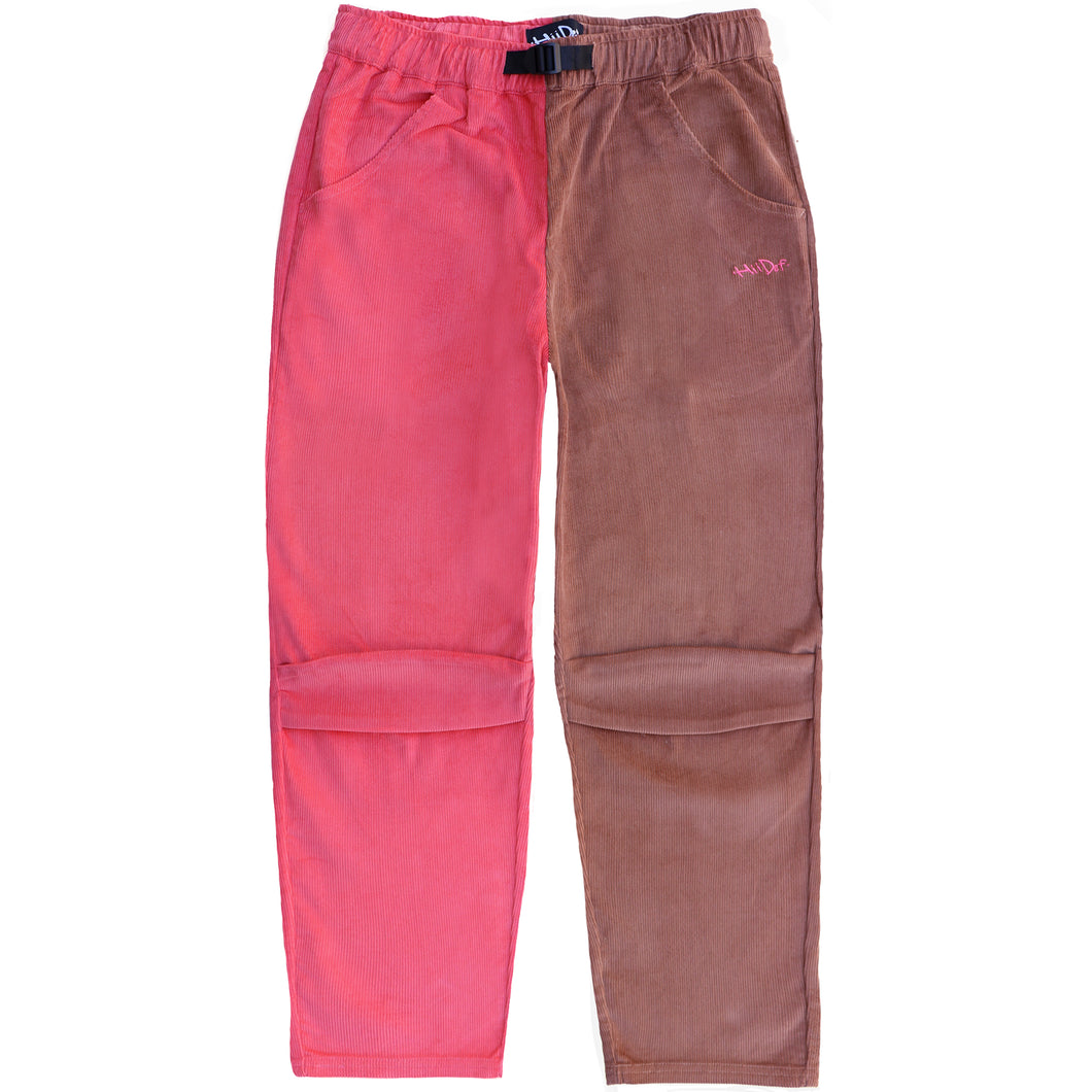 Two-Toned Red/Brown Corduroy Belted Pants with Embroidered Hii Def Logo