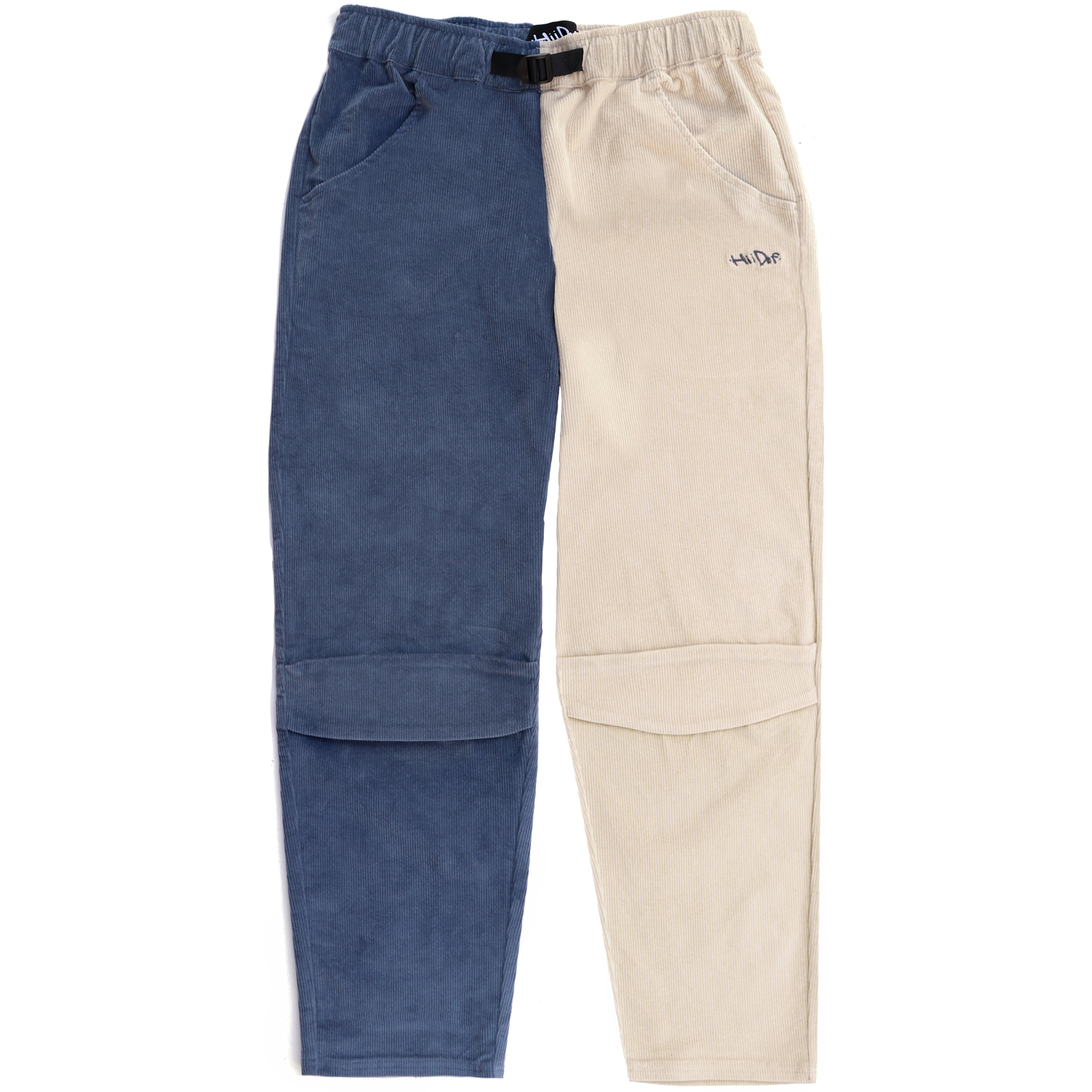 Two-Toned Blue/Khaki Corduroy Belted Pants with Embroidered Hii Two-Toned Blue/Khaki Corduroy Belted Pants with Embroidered Hii