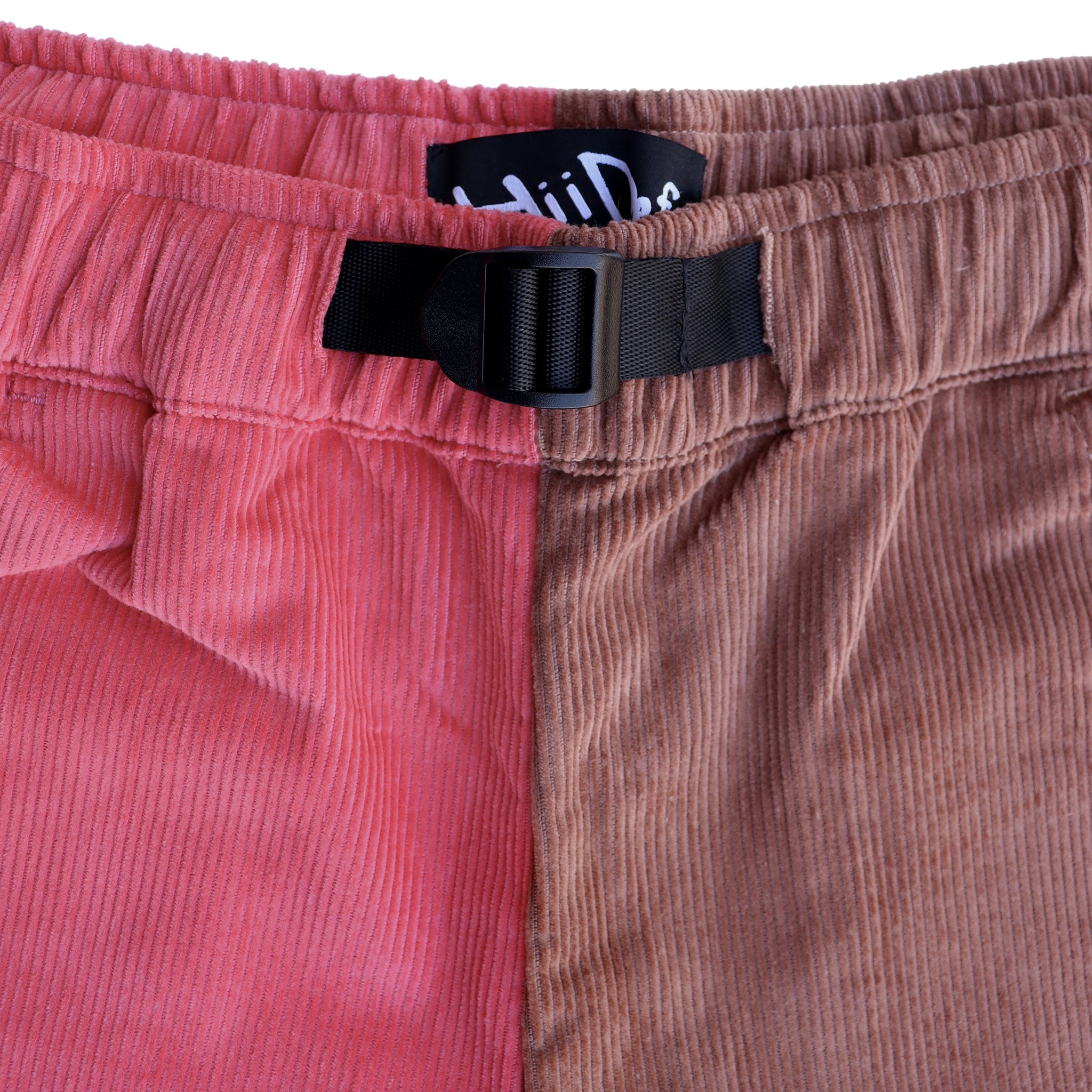 Two-Toned Red/Brown Corduroy Belted Pants with Embroidered Hii Def Two-Toned Red/Brown Corduroy Belted Pants with Embroidered Hii Def