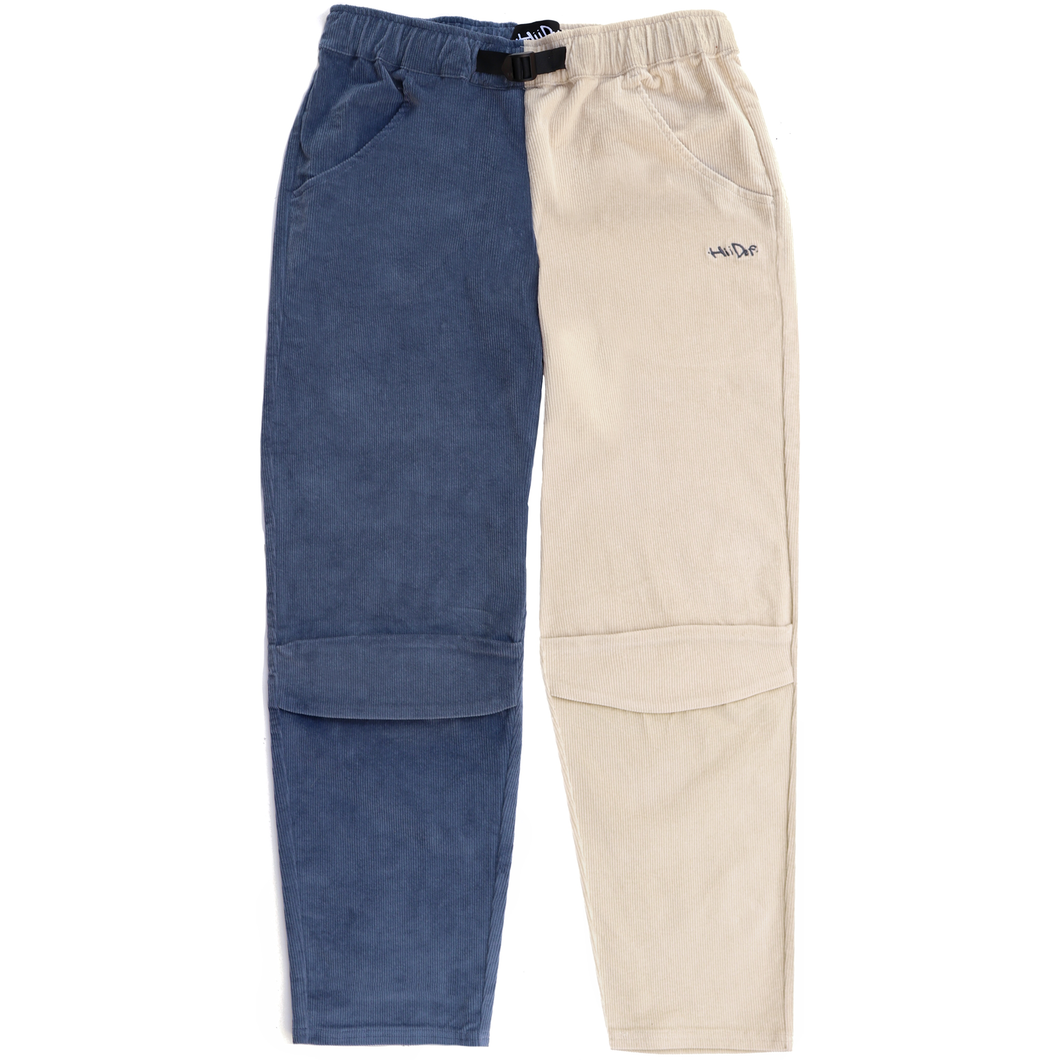 Two-Toned Blue/Khaki Corduroy Belted Pants with Embroidered Hii Def Logo